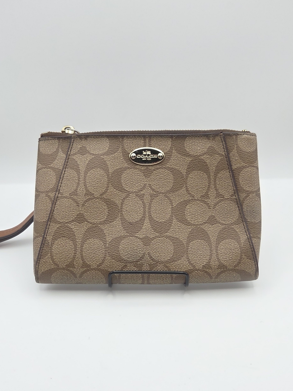 Coach Tan Signature Canvas Wristlet with Gold Accent
